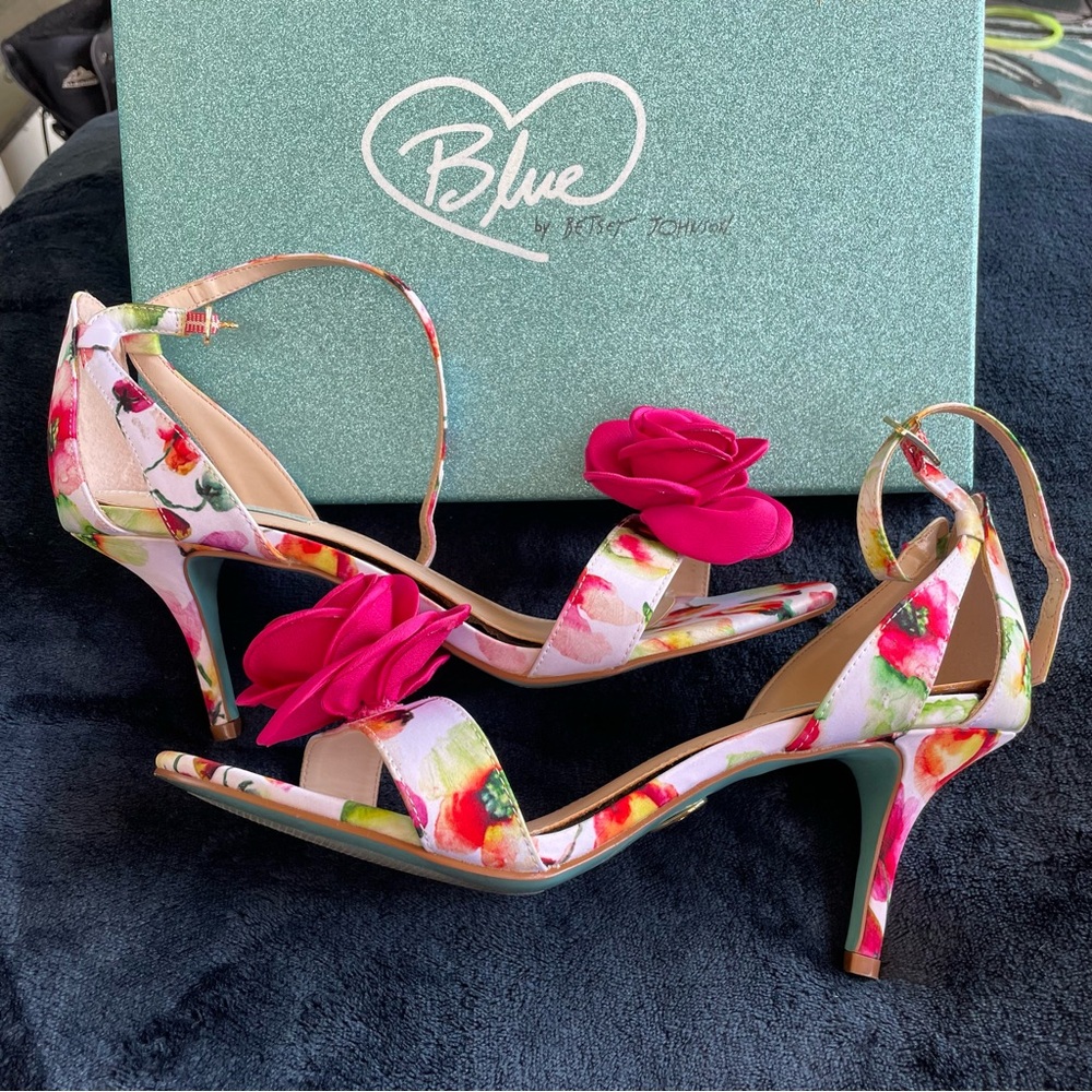 Betsey Johnson bright fuchsia flower with pink & orange floral pattern heels